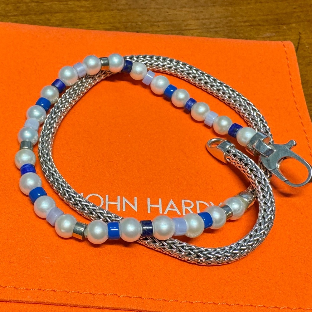 John Hardy Classic Chain Wrap Bracelet Pearl Lapis Sterling Silver JH 925